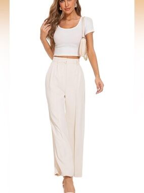 FUNYYZO Cream Wide Leg Pleated Work Pants Small NWOT Elastic Back